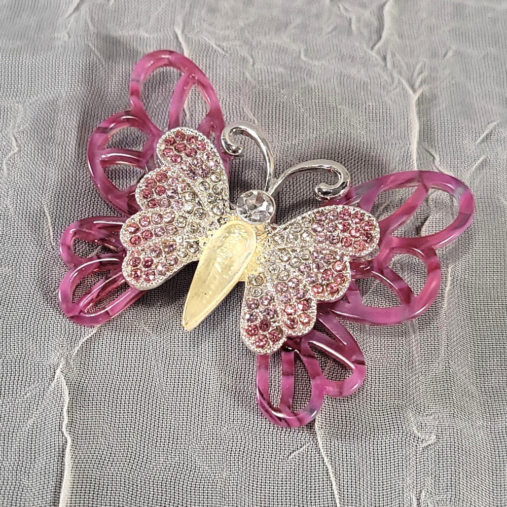 Napier Butterfly Brooch Women Pink Silver Rhinestone Marbled Statement Pin